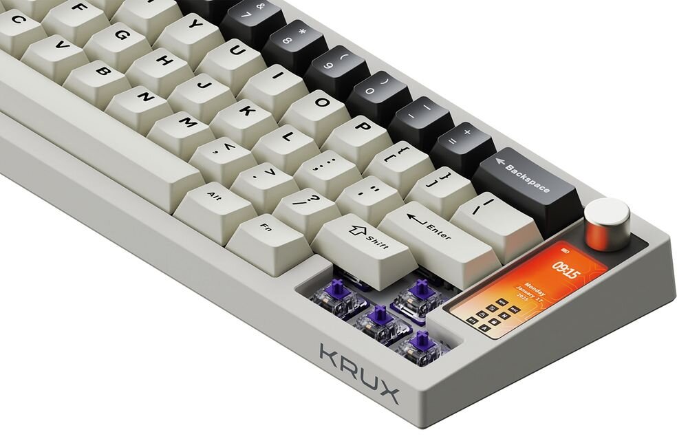 Klawiatura KRUX Drox Mechaniczne przełączniki Krux Violet liniową charakterystykę lekką siłę nacisku wynoszącą około 43±5 gf keycapami wykonanymi z tworzywa PBT odporność przycisków na ścieranie - klawiatura z wyciągnietymi przełącznikami