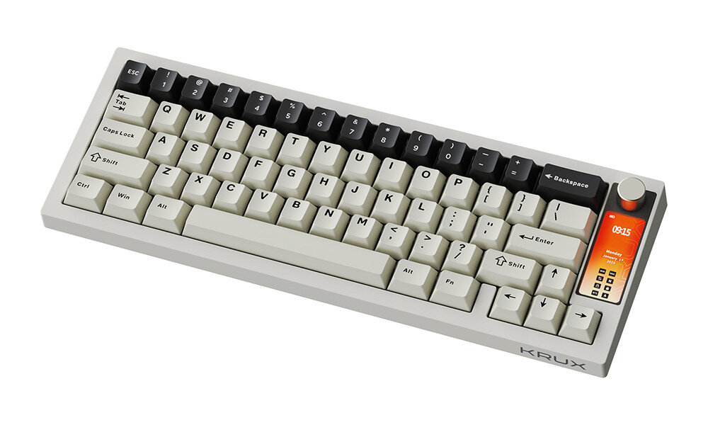Klawiatura KRUX Drox hot-swap nie wymaga lutowania zmienić charakter pracy klawiatury zastąpić pojedynczy switch dwa zapasowe przełączniki Krux Violet narzędzia ułatwiające demontaż keycapów - klawiatura pod skosem na białym tle