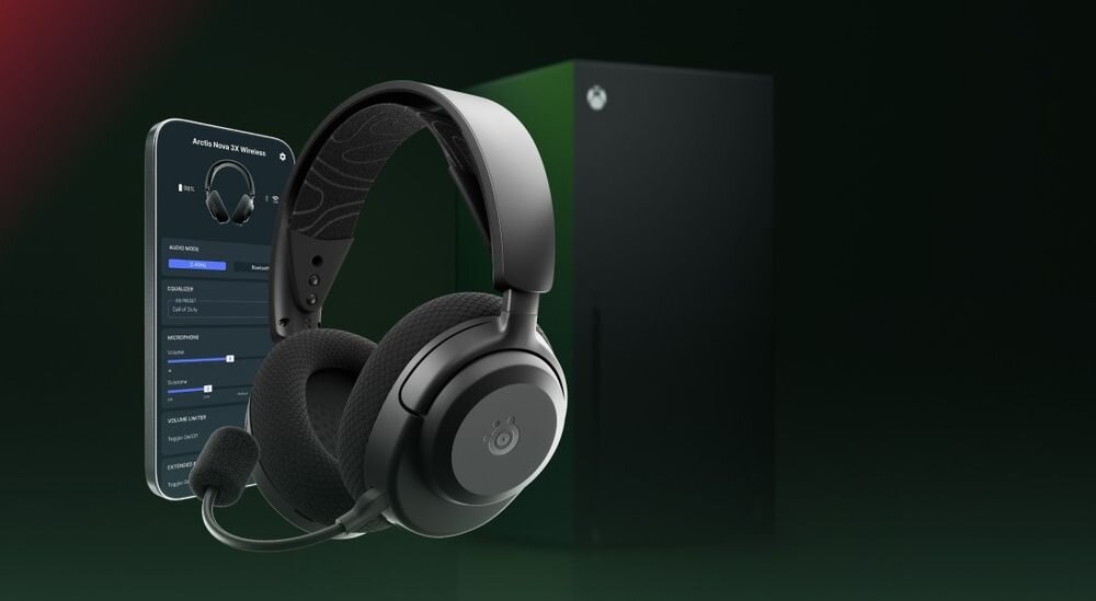 STEELSERIES Arctis Nova 3 słuchawki gamingowe 2.4GHz Bluetooth dźwięk Hi-Fi komfort wieloplatformowy, słuchawki, smartfon oraz xbox na ciemnym tle