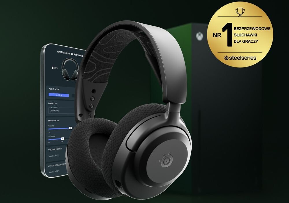 STEELSERIES Arctis Nova 3 2.4GHz Bluetooth łączność bezprzewodowa stabilna transmisja gaming, słuchawki, smartfon oraz xbox na ciemnym tle