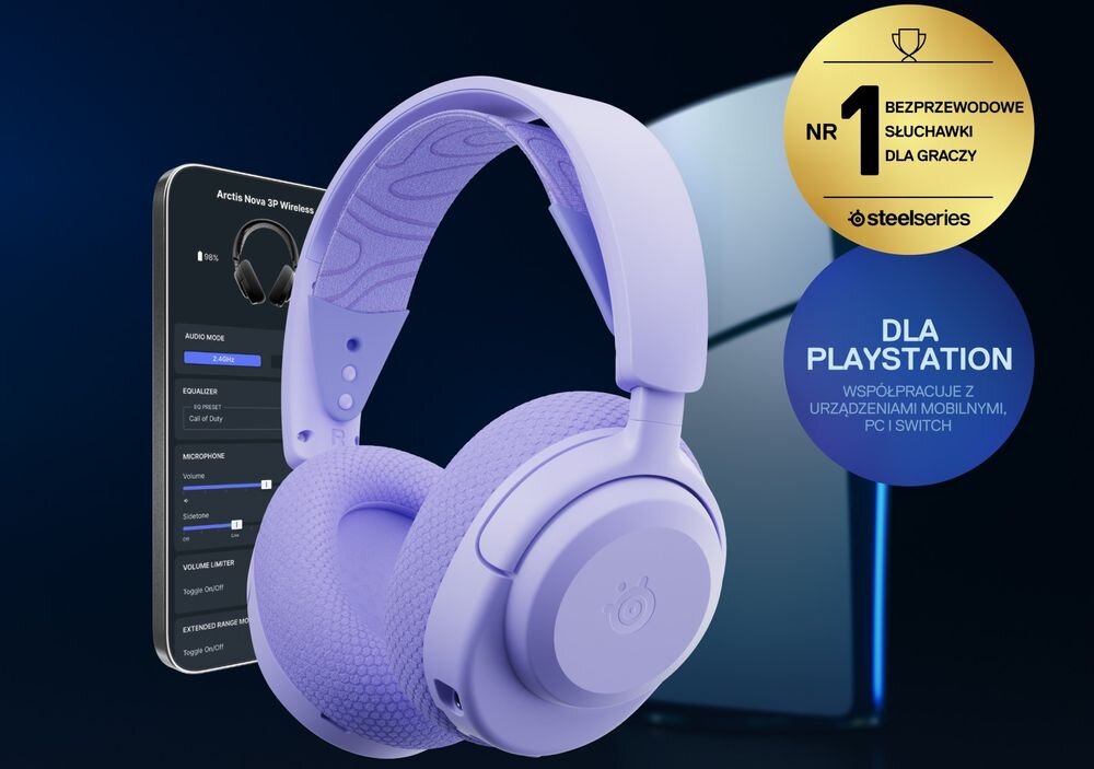 STEELSERIES Arctis Nova 3 2.4GHz Bluetooth łączność bezprzewodowa stabilna transmisja gaming, słuchawki, smartfon oraz xbox na ciemnym tle