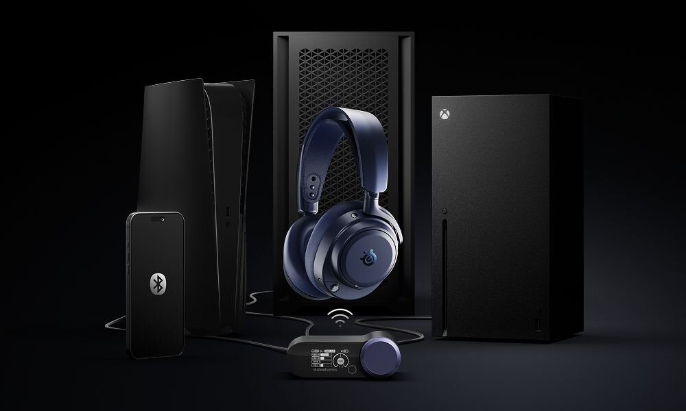 STEELSERIES Arctis Nova Pro Omni słuchawki gamingowe wieloźródłowe połączenie komputer konsola telefon Hi-Resolution Audio, słuchawki, konsole oraz smartfon na ciemnym tle