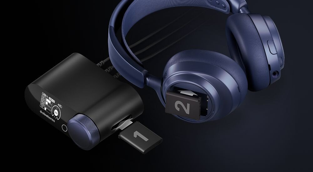 STEELSERIES Arctis Nova Pro Omni słuchawki gamingowe dwie baterie GameHub pianka memory wegańska skóra, przetwornik i słuchawki na ciemnym tle