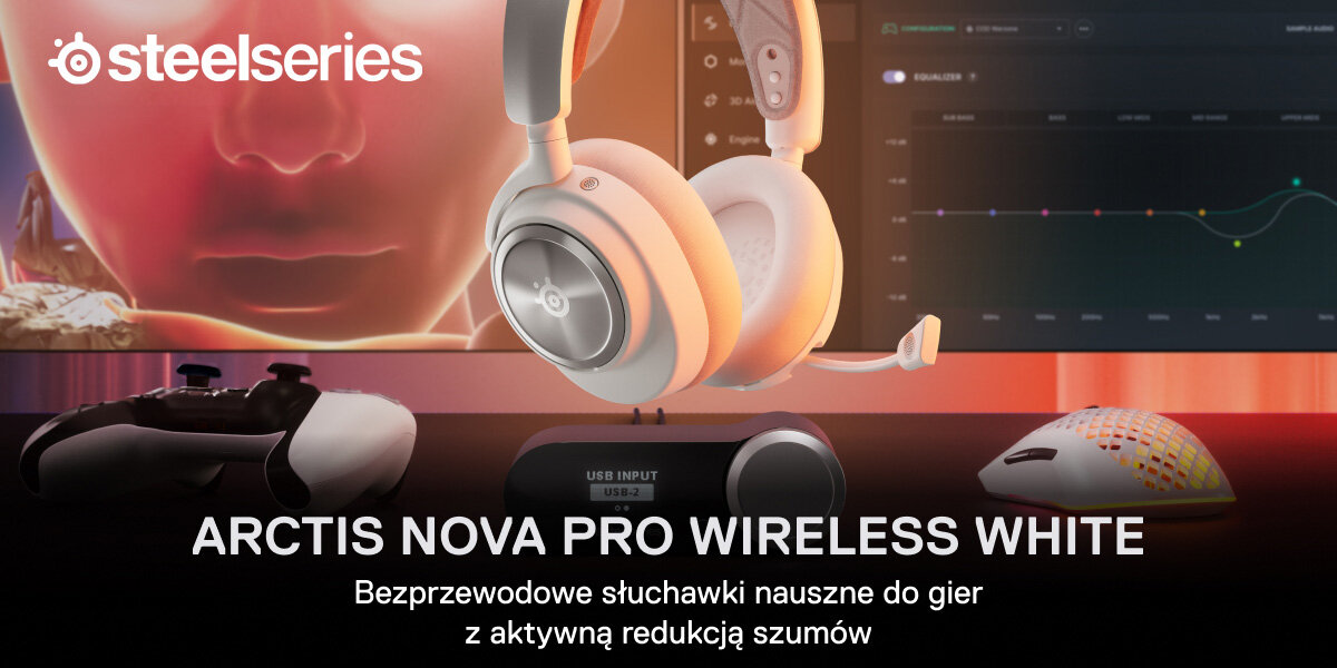 Słuchawki STEELSERIES Arctis Nova Pro Wireless - słuchawki wraz z kontrolerem oraz myszką na biurku