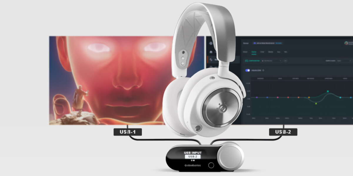 Słuchawki STEELSERIES Arctis Nova Pro Wireless PC, PlayStation, Switch oraz Mac urządzenia mobilnego, słuchawki ze stacją bazową na szarym tle
