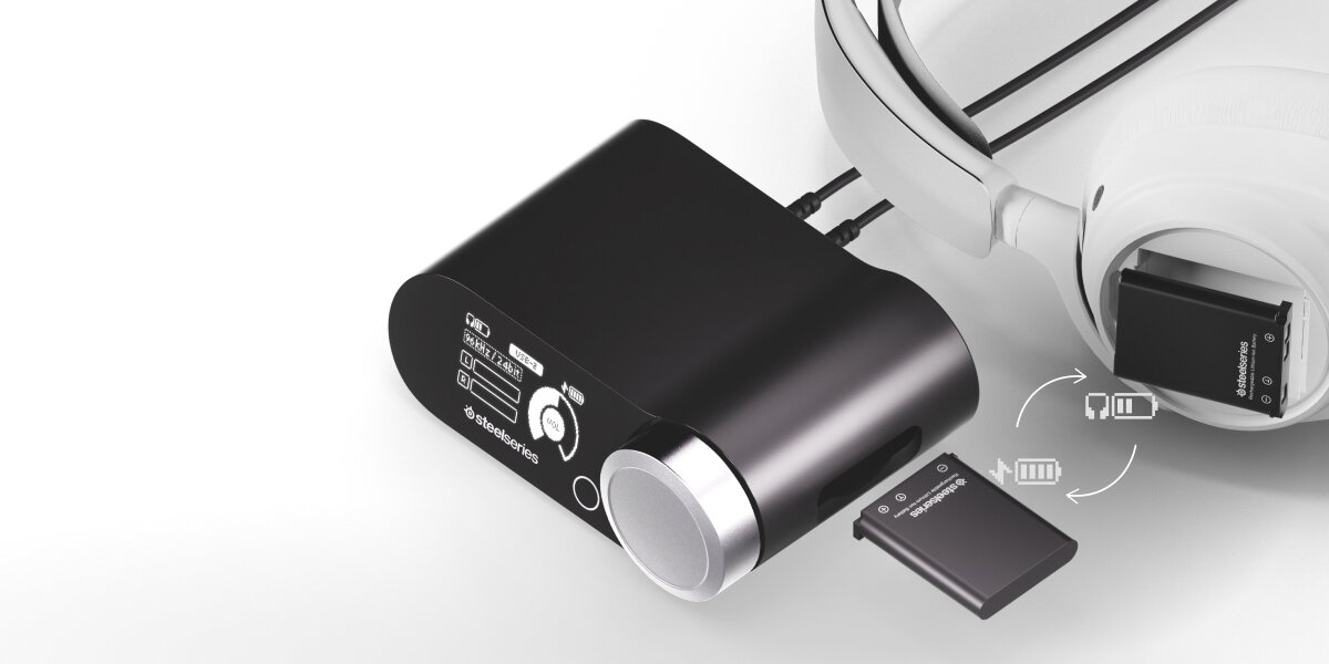 Słuchawki STEELSERIES Arctis Nova Pro Wireless dwóm wymiennym akumulatorom do 22 godzin Infinity Power System szybkie ładowanie szybkiemu ładowaniu USB-C 15 minut około 3 godziny, słuchawki wraz ze stacją bazową na jasnym tle