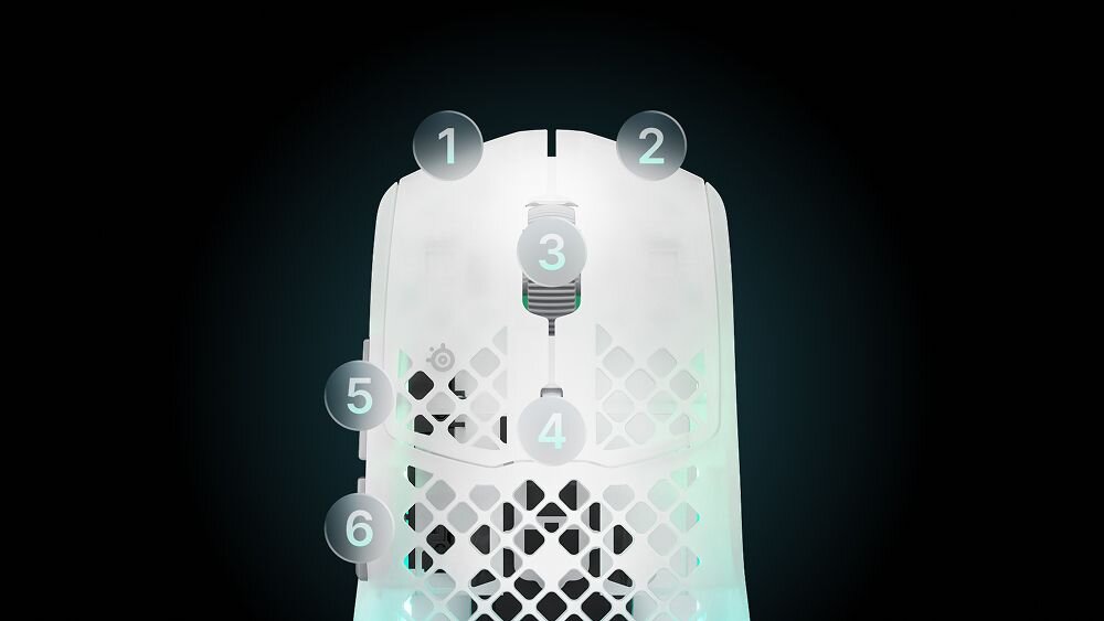 STEELSERIES Aerox 3 Sześć programowalnych przycisków kluczowych funkcji i skrótów - wskazane 6 programowalnych przycisków
