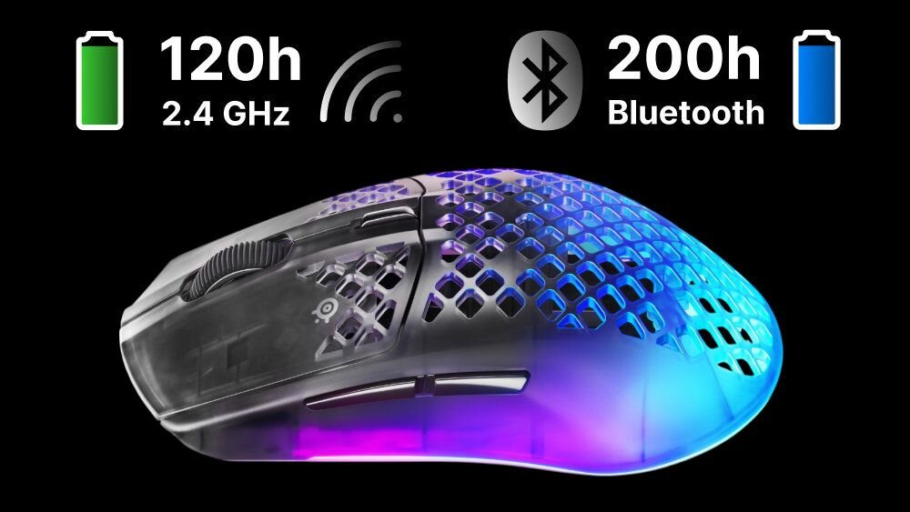 STEELSERIES Aerox 3 SteelSeries Aerox 3 Wireless Gen 2 200 godzin pracy Bluetooth 120 godzin paśmie 2,4 GHz - mysz z czasem pracy na baterii