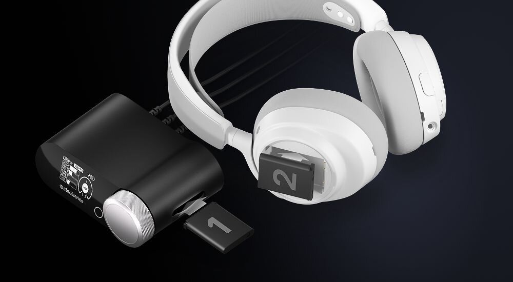 STEELSERIES Arctis Nova Pro Omni słuchawki gamingowe dwie baterie GameHub pianka memory wegańska skóra, przetwornik i słuchawki na ciemnym tle