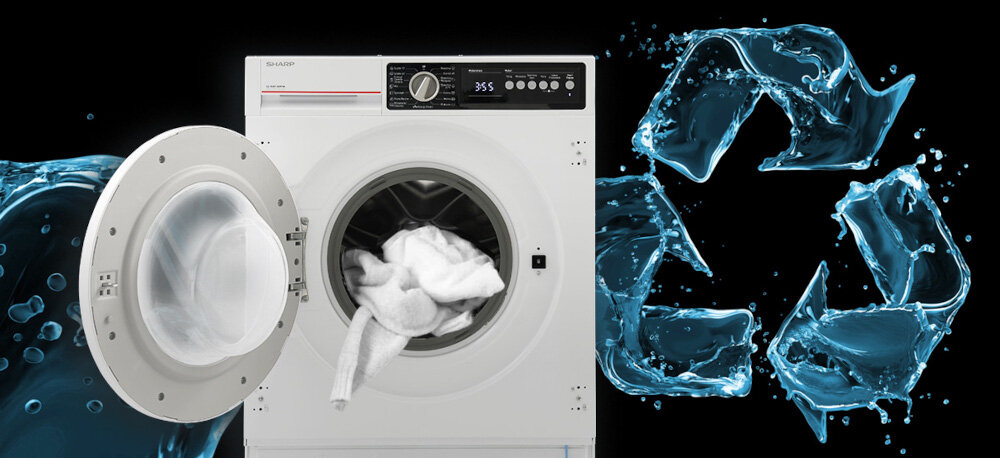 PRALKA SHARP ES-NIB714BWNA-PL wizualizacja lifestyle pralka front otwarta system ecologic automatyczne dopasowanie zużycia wody i energii oszczędność prądu oszczędność wody optymalne pranie mniejszy załadunek realne oszczędności troska o środowisko ekologia energooszczędne rozwiązanie