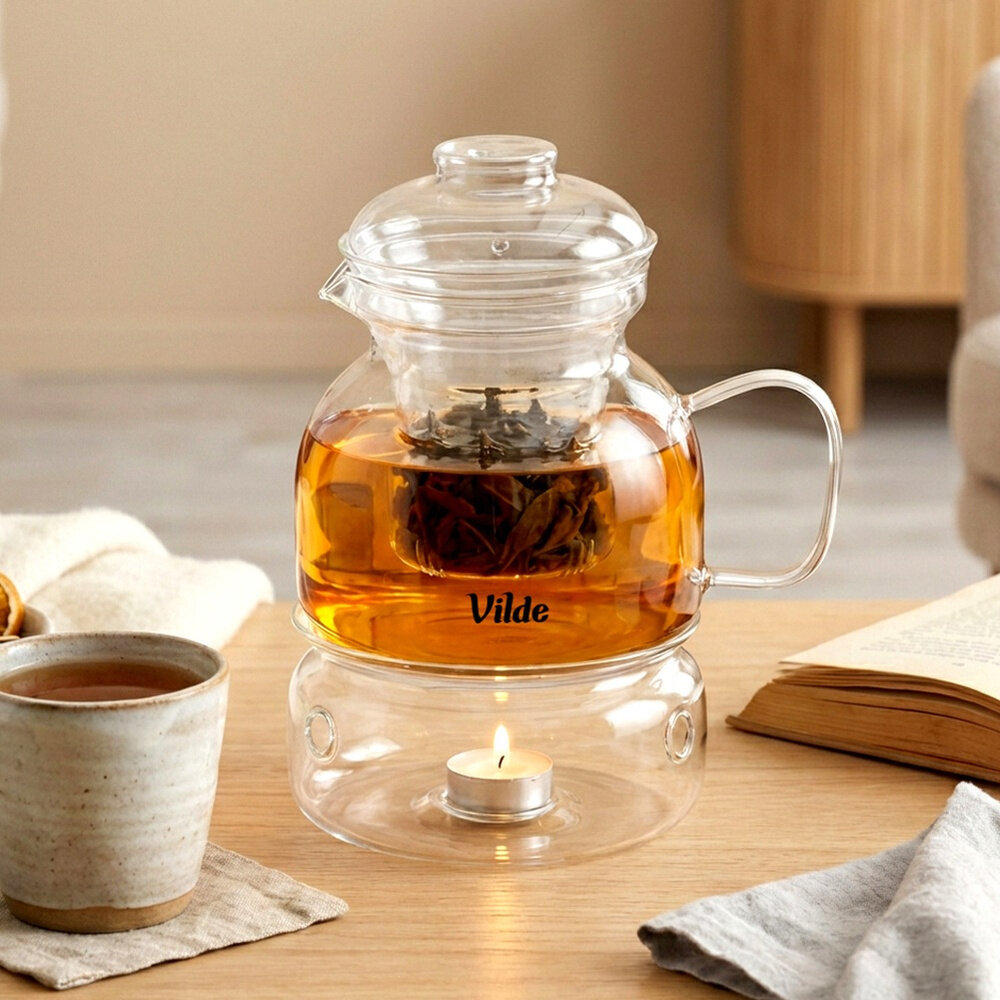 Szklany dzbanek z zaparzaczem do herbaty o pojemności 1,5 l, z widocznym logo \'Vilde\', stoi na drewnianym stole. Pod dzbankiem znajduje się świeczka typu tealight, a obok leży otwarta książka i kubek z herbatą.