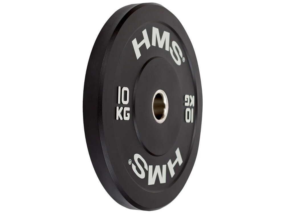 Obciążenie HMS BBR10 (10 kg) obciążenie na białym tle widoczne od przodu pod skosem kalibrowane wagowo i wymiarowo z tolerancją +0,5% i -0,5% realna kontrola ciężaru stała masa ułatwia planowanie progresji i monitorowanie wyników pozwala trenować równo po obu stronach gryfu