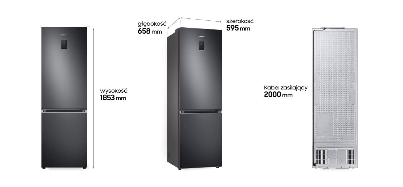 Pokazana z trzech stron lodówka Samsung RB34C775CB1 oraz jej wymiary