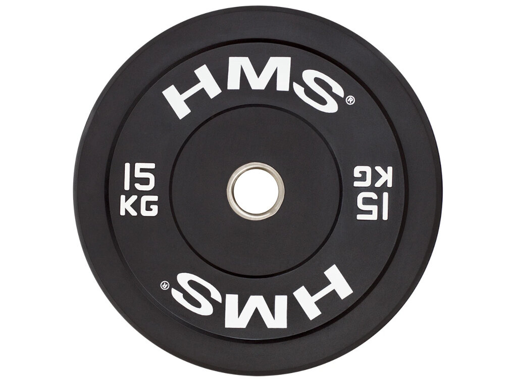 Obciążenie HMS BBR15 (15 kg) obciążenie na białym tle widoczne od przodu o wadze 15 kg do ćwiczeń ze sztangą i gryfami olimpijskimi można bezpiecznie budować siłę, masę mięśniową oraz wytrzymałość średnica wewnętrzna 51 mm