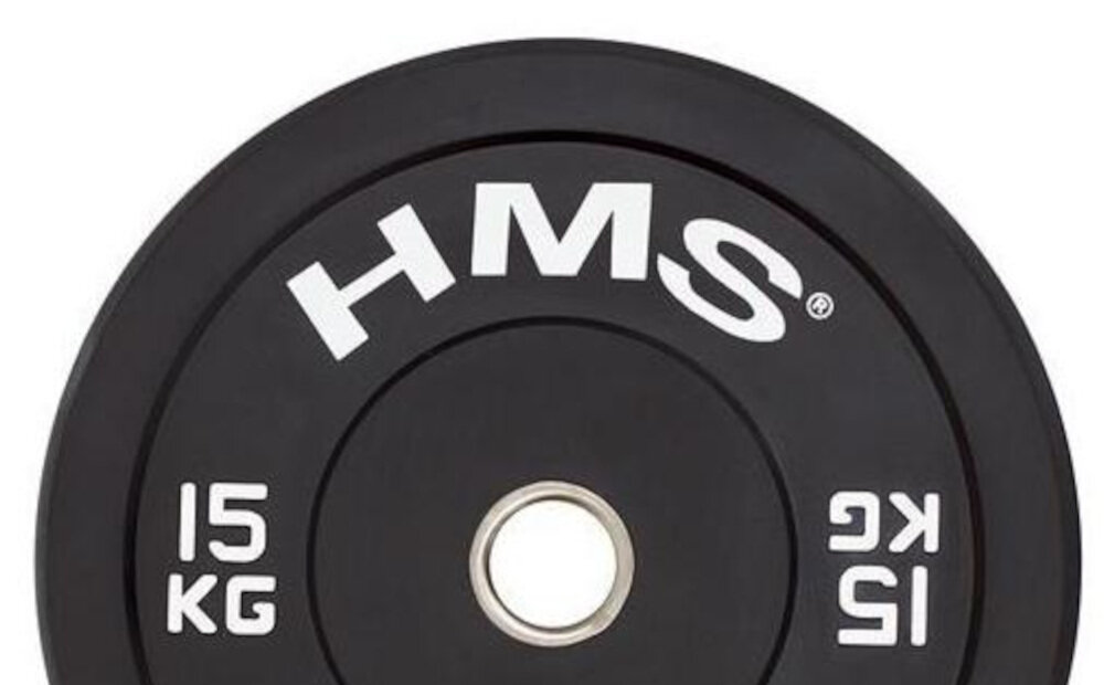 Talerz olimpijski HMS BBR15 Bumper (15 kg) z solidnych komponentów wewnętrzna warstwa ze stali nierdzewnej wysokiej jakości gruba guma niski poziom hałasu ochrona podłoża przed uszkodzeniem absorbuje uderzenie czytelen oznakowanie wagi 15 kg