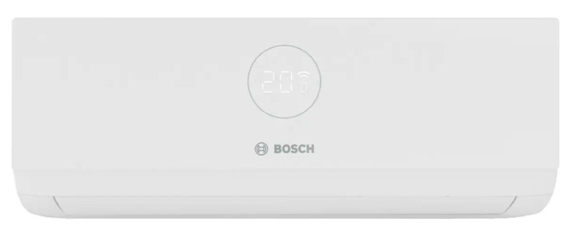 Biały klimatyzator z wyświetlaczem pokazującym temperaturę 20°C. Widoczne logo BOSCH na przednim panelu.