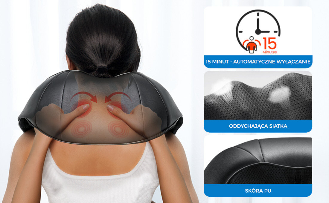 Masażer do karku RENPHO Shiatsu U-Neck Go zdjęcie lifestyle Komfort i bezpieczeństwo timer automatycznego wyłączenia po około 15 minutach system ochrony przed przegrzaniem wydłużone uchwyty na ramiona wygodne sterowanie naciskiem 