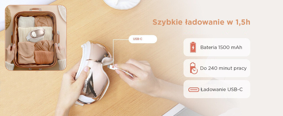 Masażer do oczu RENPHO Edge Eyeris 3 Różowo-złoty zdjęcie lifestyle Pełna mobilność  w domu, jak i w podróży ładowane jest za pomocą uniwersalnego portu USB-C do 240 minut pracy