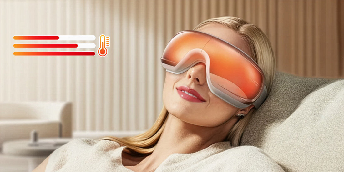 Masażer do oczu RENPHO Edge Eyeris 3 Różowo-złoty zdjęcie lifestyle terapia ciepłem ciepło o 3 poziomach do wyboru niskie 41°C; średnie 43°C i wysokie 45°C Terapia termiczna ciepła i zimna
