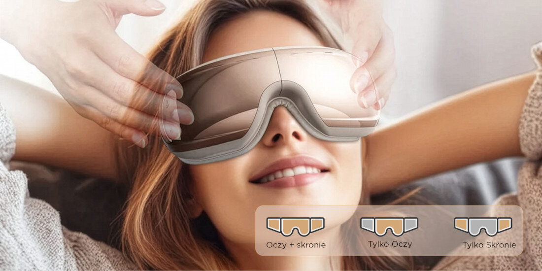 Masażer do oczu RENPHO Edge Eyeris 3 Różowo-złoty zdjęcie lifestyle masaż segmentowy  system poduszek powietrznych łagodzi napięciowe bóle głowy i redukuje stres Tryb 1 Tryb 2 Tryb 3