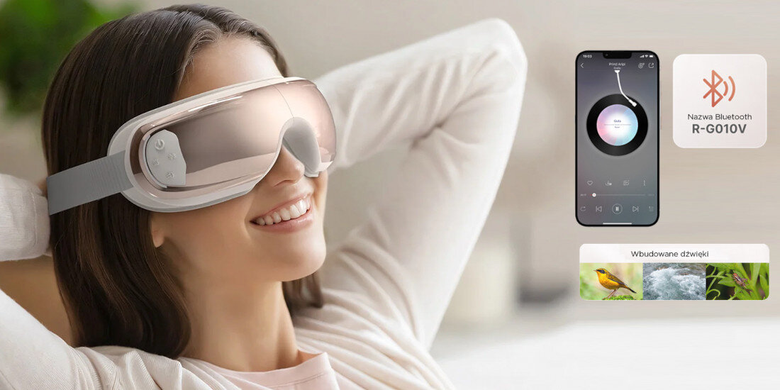 Masażer do oczu RENPHO Edge Eyeris 3 Różowo-złoty zdjęcie lifestyle Ulubiona muzyka Wbudowane głośniki Bluetooth Eyeris 3
