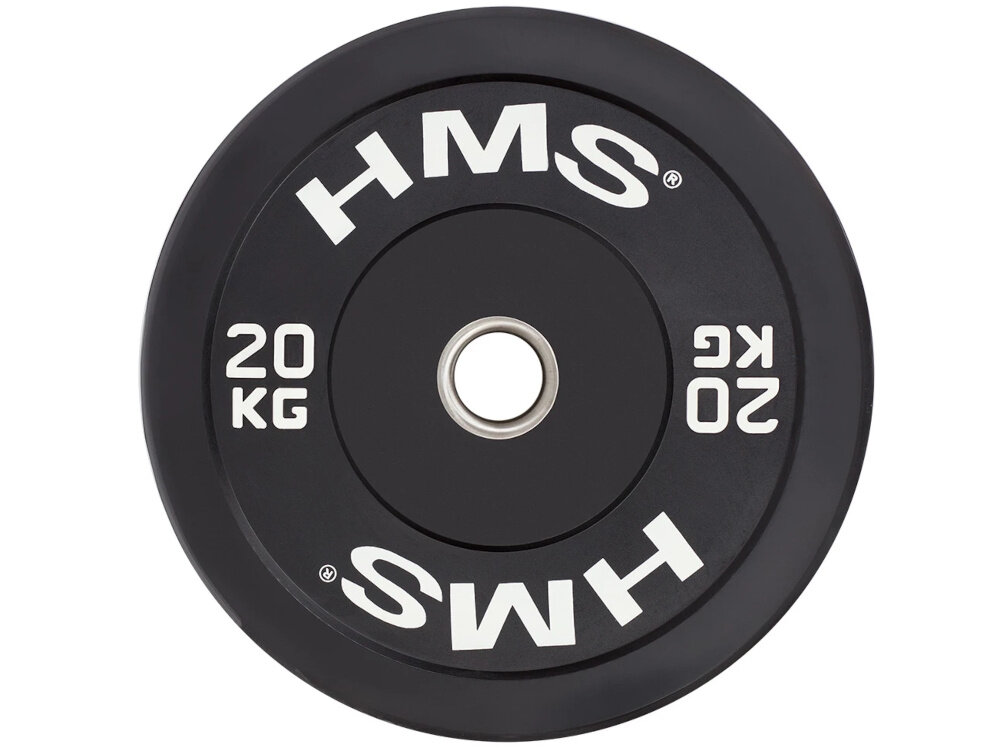 Obciążenie HMS BBR20 (20 kg) obciążenie na białym tle widoczne od przodu o wadze 20 kg do ćwiczeń ze sztangą i gryfami olimpijskimi można bezpiecznie budować siłę, masę mięśniową oraz wytrzymałość średnica wewnętrzna 51 mm