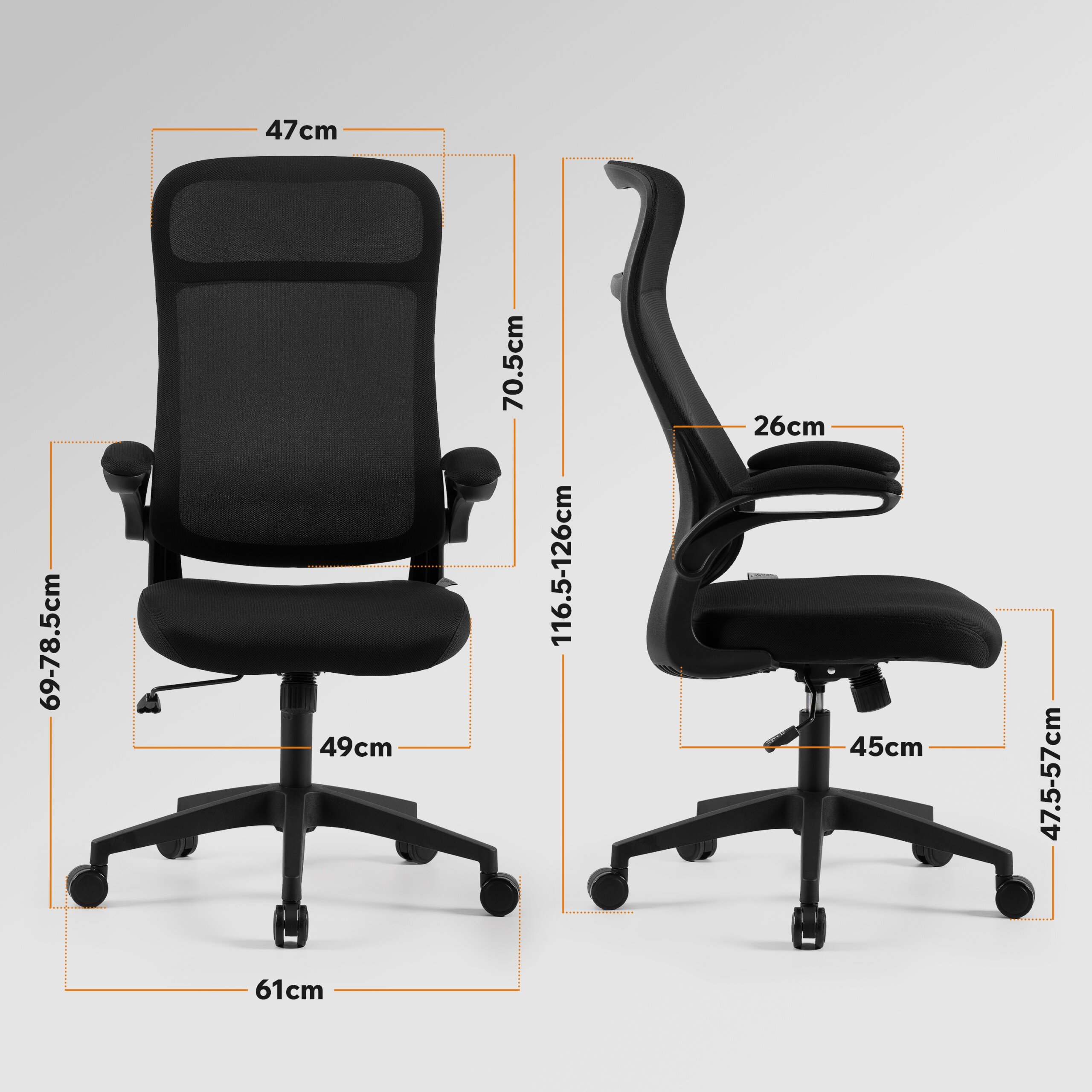 Obraz przedstawia czarny, materiałowy fotel biurowy z ergonomicznym kształtem, widoczny z przodu i z boku. Na zdjęciu zaznaczone są wymiary: 47cm, 70.5cm, 69-78.5cm, 49cm, 61cm, 116.5-126cm, 26cm, 45cm, 47.5-57cm.