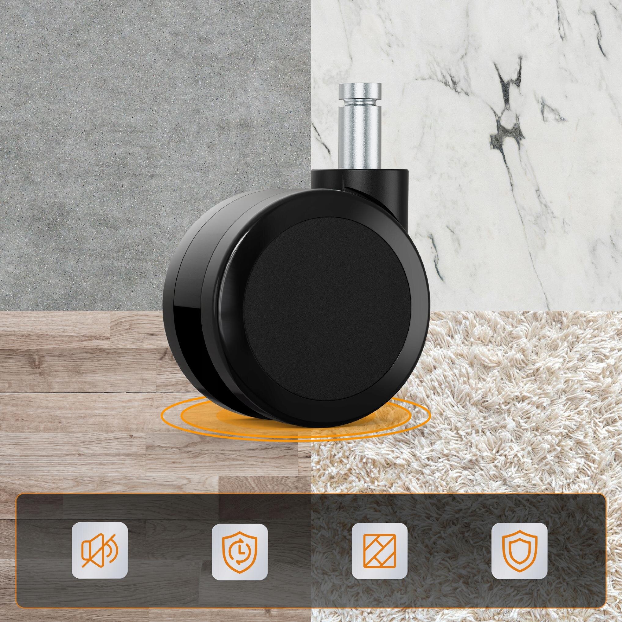 Obraz przedstawia czarne kółko meblowe na tle czterech różnych powierzchni: betonu, marmuru, drewna i dywanu. Na dole widoczne są cztery ikony z symbolami: wyciszenia, zegara, podłogi i tarczy ochronnej.