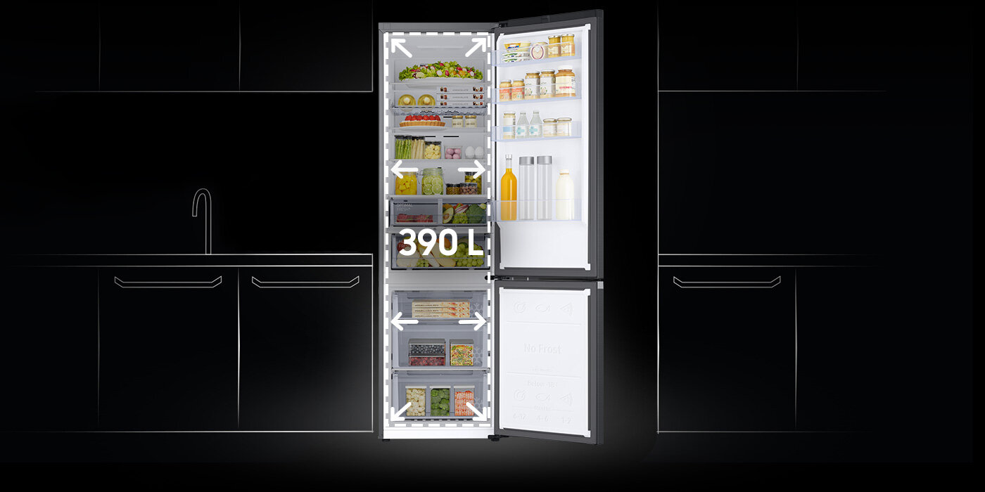Graficznie pokazana powiększona przestrzeń chłodziarko-zamrażarki Samsung RB38C605CB1