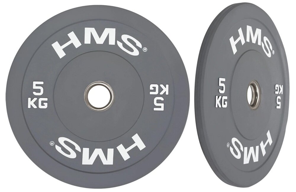 Obciążenie HMS CBR05 (5 kg) białe tło obciążenie w dwóch ujęciach widoczne od przodu i od przodu pod skosem o wadze 5 kg do ćwiczeń ze sztangą i gryfami olimpijskimi średnica wewnętrzna 51 mm szybkie dopasowanie do standardowych gryfów sprawnie zmienisz ciężar płynność ćwiczeń