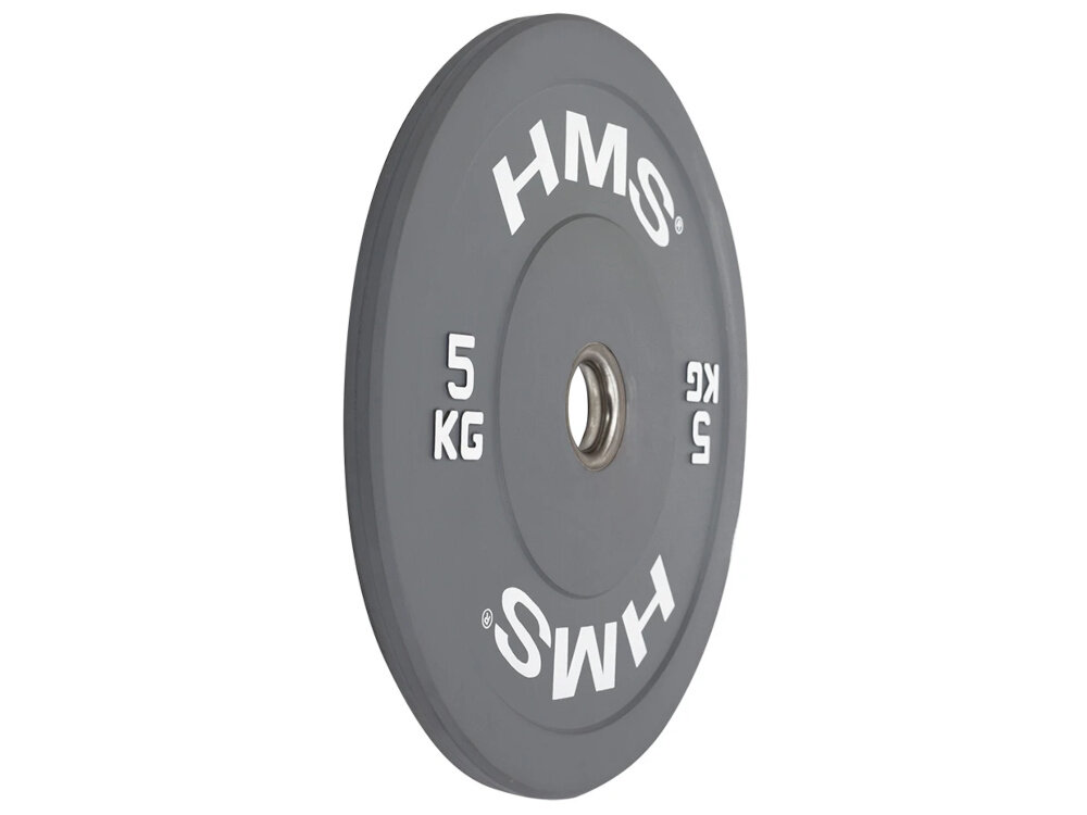 Obciążenie HMS CBR05 (5 kg) obciążenie widoczne od przodu pod skosem białe tło z mieszanki NR i SBR gruba warstwa gumy o twardości od 75 do 96 w skali Shore’a większa odporność na uszkodzenia guma absorbuje uderzenia chroniąc podłogę oraz sprzęt