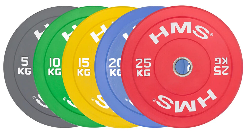 Obciążenie HMS CBR05 (5 kg)  pięć obciążeń ustawionych jedno za drugim białe tło dostępne warianty od 5 kg do 25 kg precyzyjne budowanie obciążenia wraz z postępami wspierają naukę ruchu i rehabilitację pomagają zwiększać siłę Różne średnice i szerokości ułatwiają dopasowanie zestawu do potrzeb oraz przestrzeni