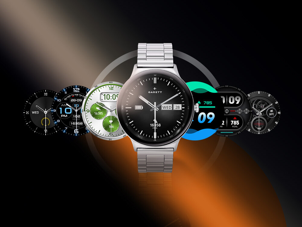Na obrazie znajduje się srebrny smartwatch z logo \'GARETT\' na tarczy, otoczony różnymi stylami wyświetlaczy zegarka. Tło jest ciemne z pomarańczowym gradientem.