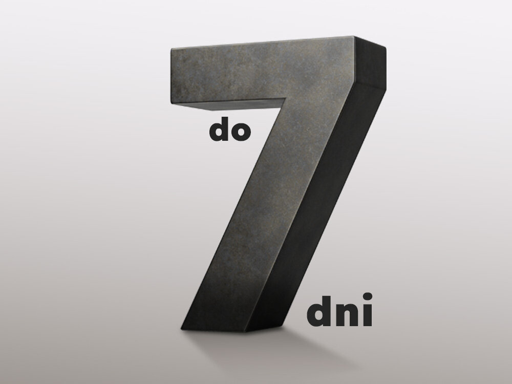 Duża, trójwymiarowa cyfra 7 w ciemnym kolorze z napisem \'do\' po lewej stronie i \'dni\' po prawej stronie na jasnym tle.