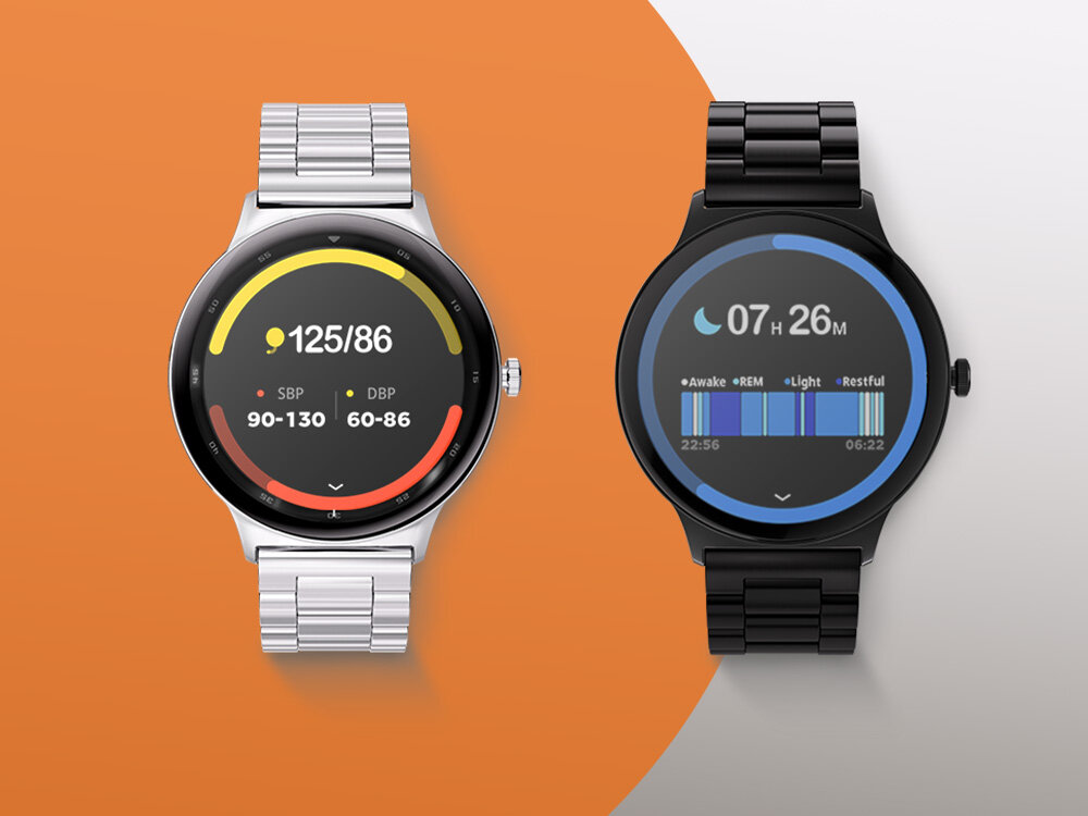 Dwa smartwatche z okrągłymi tarczami, jeden z metalową bransoletą i drugi z czarną. Na ekranie pierwszego widoczny jest pomiar ciśnienia krwi \'125/86\', a na drugim informacje o śnie z czasem \'07h 26m\'.