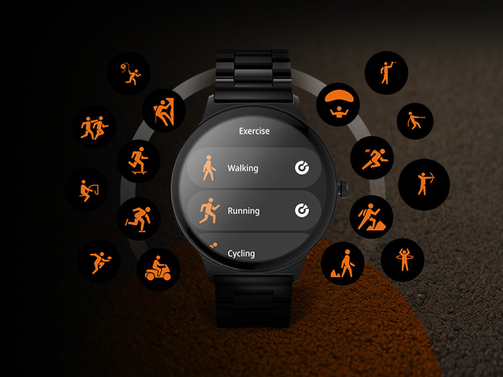 Czarny smartwatch z wyświetlaczem pokazującym opcje: Exercise, Walking, Running, Cycling. Wokół zegarka znajdują się ikony przedstawiające różne aktywności sportowe w pomarańczowym kolorze.