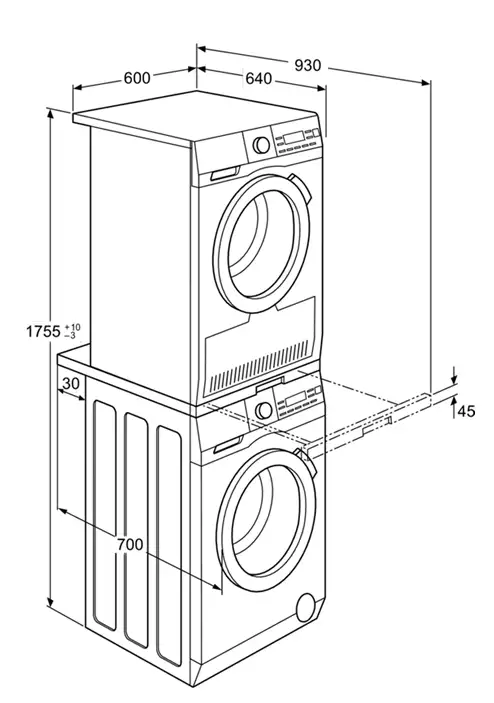 Schematyczny rysunek przedstawia dwa urządzenia ustawione jedno na drugim z wymiarami: 600 mm szerokości, 640 mm głębokości i 1755 mm wysokości. Widoczne są również dodatkowe wymiary: 930 mm, 30 mm, 700 mm i 145 mm.