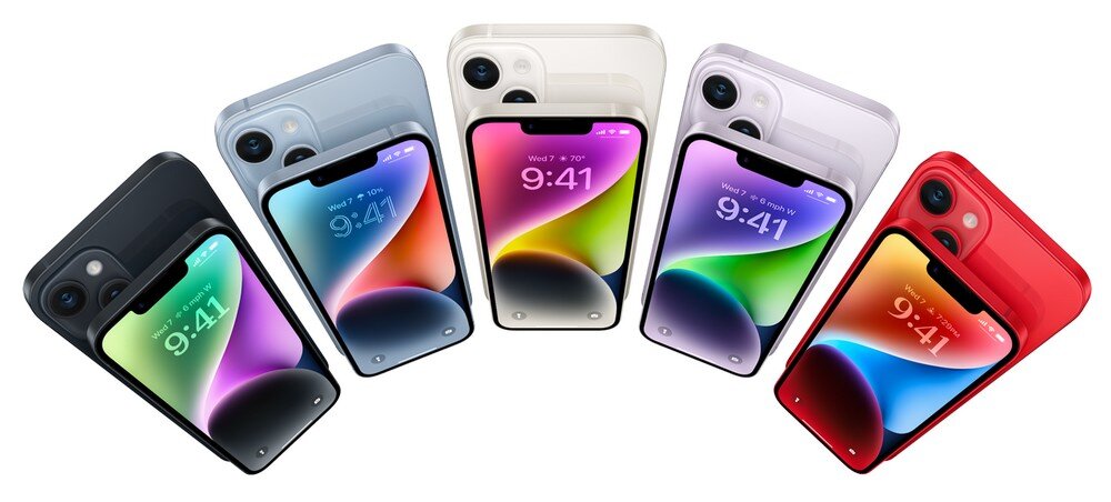 Na obrazie widoczne są pięć smartfonów w różnych kolorach: czarnym, niebieskim, białym, fioletowym i czerwonym. Na ekranach wszystkich urządzeń wyświetlana jest godzina 9:41 oraz data \'Wed 7\'.