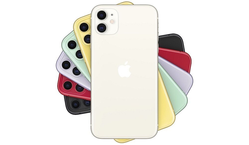 Na obrazie widoczny jest smartfon z logo w kształcie nadgryzionego jabłka. W tle znajdują się inne smartfony w różnych kolorach, ułożone wachlarzowo.