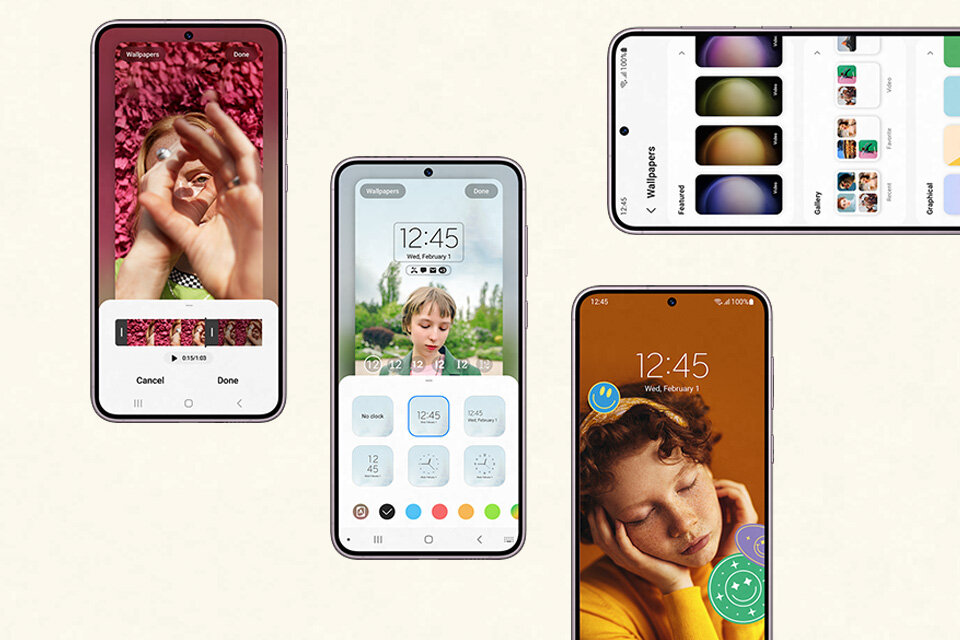Na obrazie widoczne są cztery smartfony z różnymi ekranami, prezentujące funkcje personalizacji tapet i widżetów. Na ekranach znajdują się różne motywy graficzne oraz godzina 12:45, środa, 1 lutego.