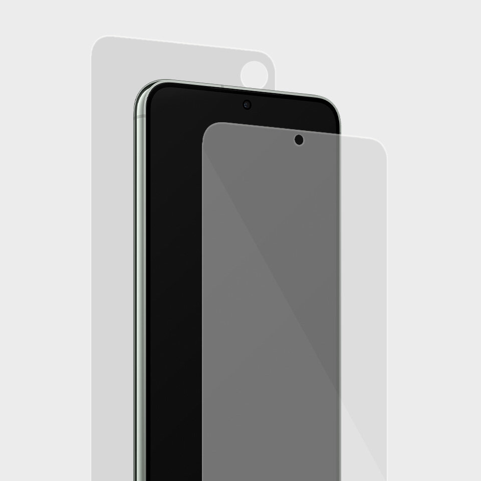 Obraz przedstawia smartfon z nałożoną folią ochronną na ekranie. Tło jest jednolite, jasnoszare.