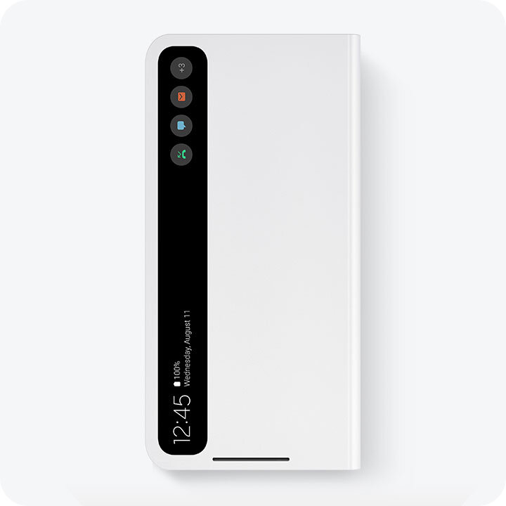 Biały smartfon z czarnym paskiem na obudowie, na którym widoczne są ikony oraz tekst: \'12:45 100% Wednesday, August 11\'.