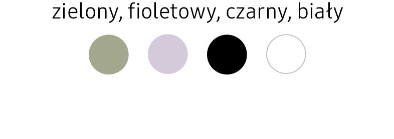 Obraz przedstawia cztery okrągłe próbki kolorów: zielony, fioletowy, czarny i biały, z podpisem \'zielony, fioletowy, czarny, biały\'.