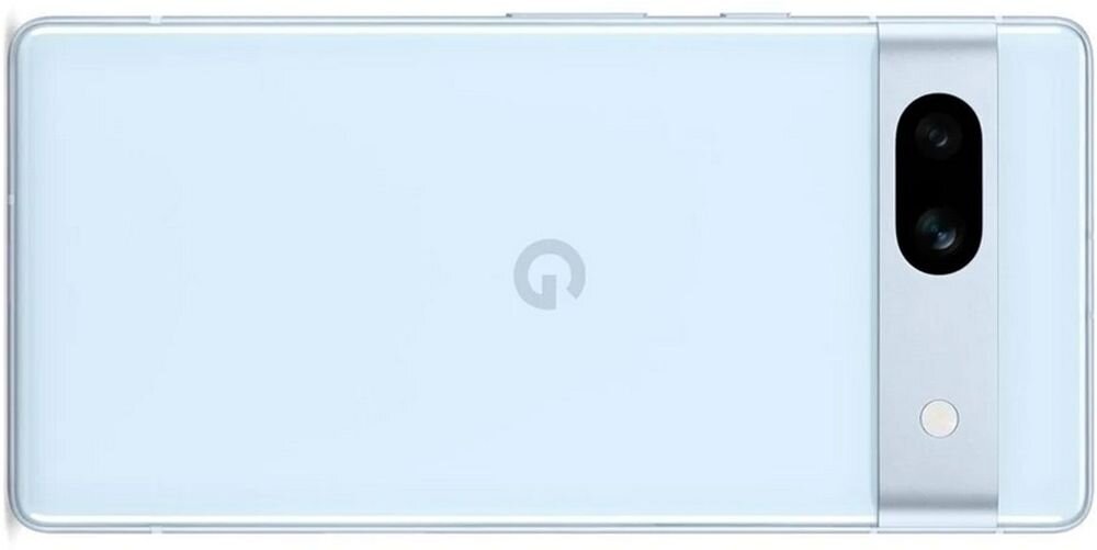 Tył smartfona w jasnym kolorze z logo \'G\' na środku. Widoczny jest podwójny aparat fotograficzny oraz okrągły element poniżej na metalicznym pasku.