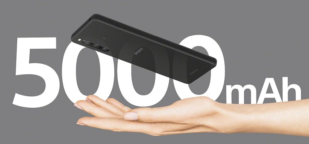 Na szarym tle widoczny jest czarny smartfon z logo \'SONY\', unoszący się nad otwartą dłonią. W tle znajduje się duży napis \'5000 mAh\'.