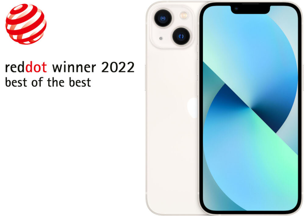 Na obrazie widoczny jest biały smartfon z dwoma aparatami z tyłu i ekranem wyświetlającym abstrakcyjny wzór. Obok telefonu znajduje się tekst: \'reddot winner 2022 best of the best\'.