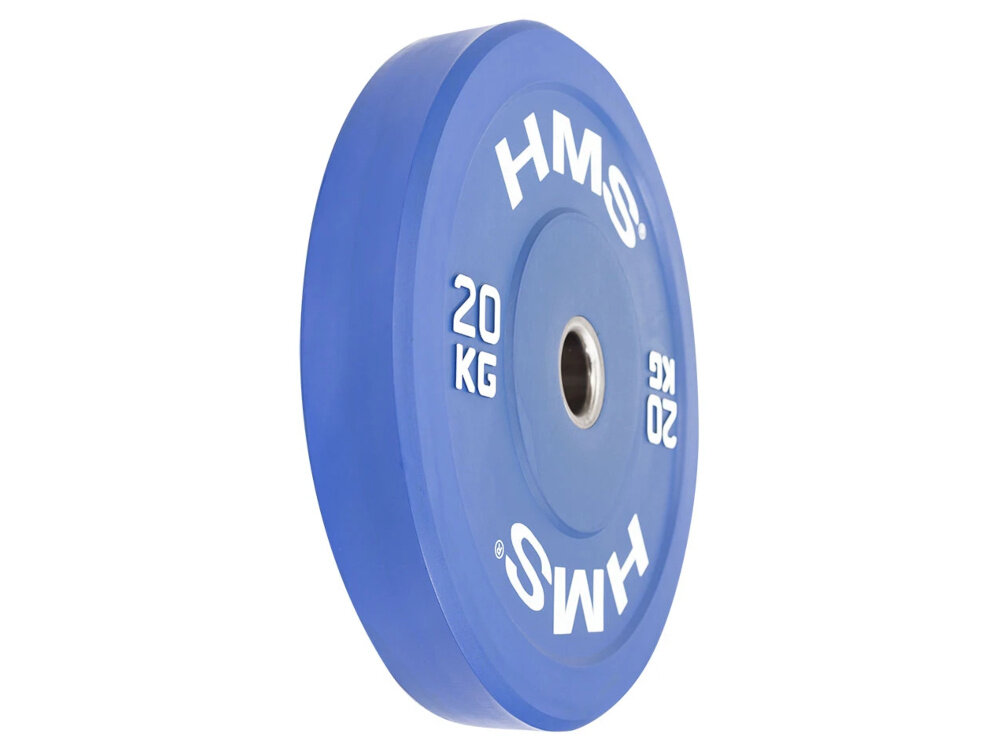 Obciążenie HMS CBR20 (20 kg) obciążenie widoczne od przodu pod skosem białe tło z mieszanki NR i SBR gruba warstwa gumy o twardości od 75 do 96 w skali Shore’a większa odporność na uszkodzenia guma absorbuje uderzenia chroniąc podłogę oraz sprzęt