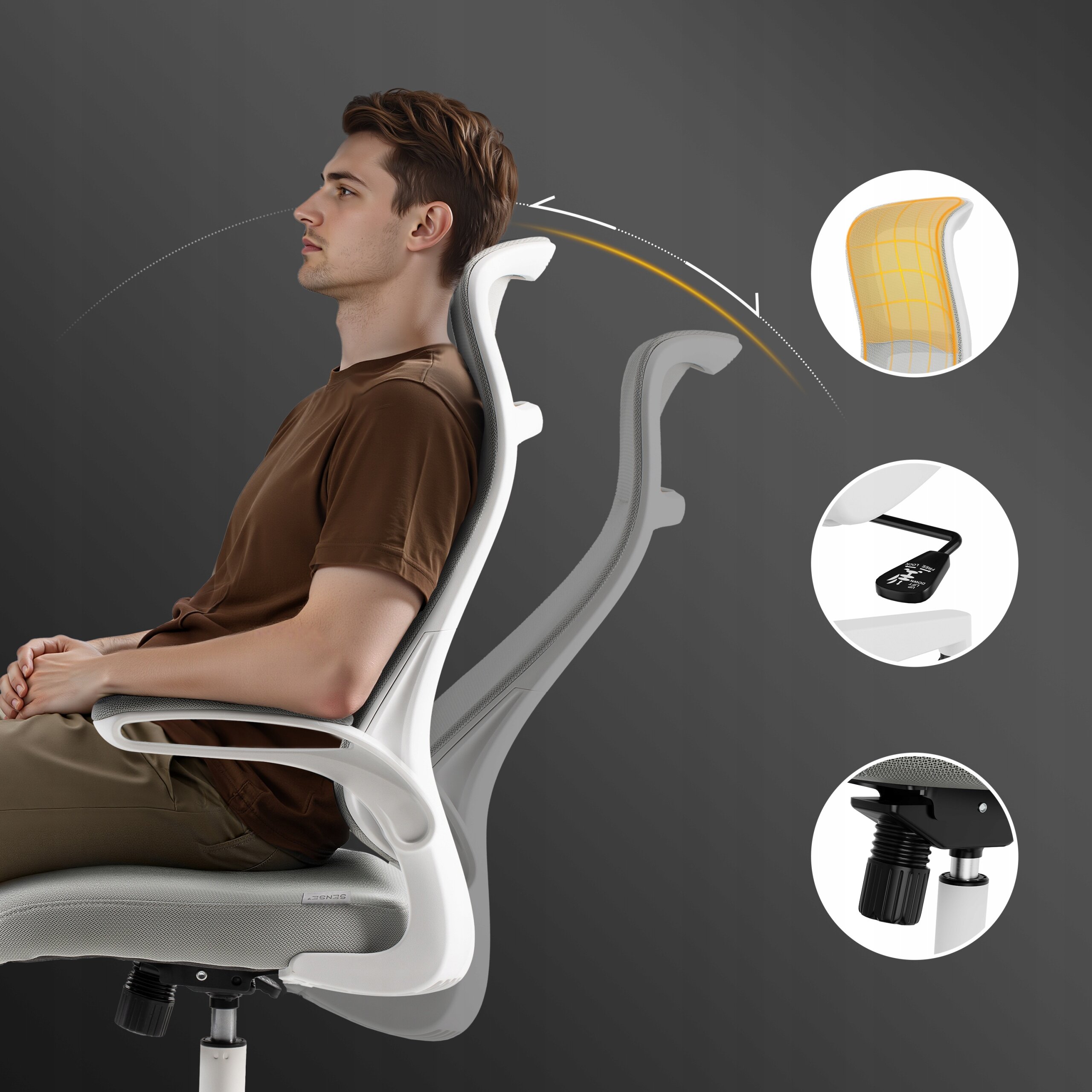 Mężczyzna siedzi na szarym, ergonomicznym krześle biurowym z białym stelażem. Obok widoczne są trzy okrągłe grafiki przedstawiające szczegóły konstrukcji oparcia, mechanizmu regulacji i podstawy krzesła.