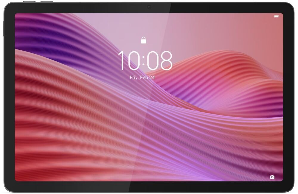 Tablet z wyświetlaczem pokazującym abstrakcyjną grafikę w odcieniach różu i fioletu oraz godzinę 10:08, datę Fri, Feb 24. Na ekranie widoczna jest ikona kłódki i aparatu.