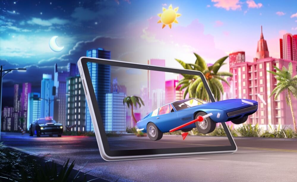Obraz przedstawia tablet, z którego ekranu wyłania się niebieski samochód. W tle widoczne są kolorowe budynki i palmy, a po lewej stronie księżyc, po prawej słońce.